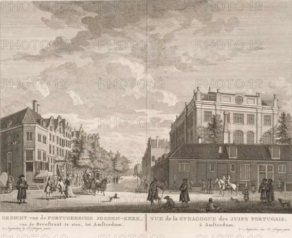 View of the Portuguese Synagogue in Amsterdam, View of the Portuguese Jewish Church, seen from the Breestraat, to Amsterdam, Vue de la Synagogue des Juifs Portugais, à Amsterdam, print, seen from the Jodenbreestraat. Below the image, the title in Dutch and French. Numbered in the upper right: 62., printmaker: Caspar Jacobsz. Philips (possibly), Amsterdam, after drawing by Jan de Vlaming (possibly), publisher: Pierre Fouquet, 1768 - 1783, paper, etching, engraving, height 285 mm x width 376 mm, This print was also used in the so-called Atlas of Fouquet.* From 1760 onwards, Pierre Fouquet published cityscapes of Amsterdam – based on drawings by various artists, made by various printmakers. These prints were initially sold individually or in series. As was customary at the time, the buyer could have the prints bound themselves. To this end, between 1778 and 1783, Fouquet published a title page, map, and table of contents of the 100 prints published up to that point (1). Given that the con...