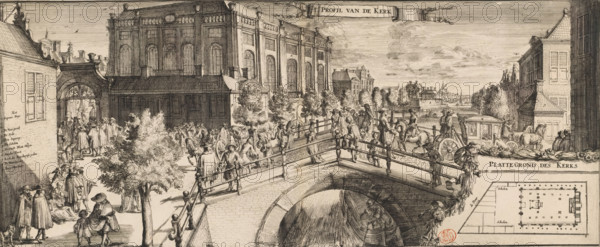 T Profile of the Church, View of the Portuguese Synagogue in Amsterdam, print, View of the Portuguese Synagogue (left of center) in Amsterdam, around 1695. On the left in the foreground, part of the Leper House with the legend 1-9. On the right, part of one of the buildings that served as a synagogue for the High German congregation. On the street and on the bridge, many figures and a carriage. Lower right, a floor plan of the building. Above, right of center, a banner with the title., printmaker: Romeyn de Hooghe, Amsterdam, publisher: Pieter Persoy (possibly), c. 1695, paper, etching, engraving, height 241 mm x width 568 mm, A detailed etching shows a large classical building with tall arched windows and decorative cornices dominating the left center, flanked by a row of trees and smaller structures; a busy stone bridge with balustrades spans a canal in the foreground, with people walking across it and leaning on the railings; on the canal beneath the bridge a small boat is visible w...