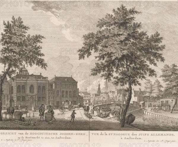 View of the High German Jewish Church, visible on the Houtmarkt, in Amsterdam, Vue de la Synagogue des Juifs Allemands, à Amsterdam, View of the New and Great Synagogue in Amsterdam, print, View of the New Synagogue (left) and Great Synagogue (right) of the High German congregation on the Deventer Houtmarkt, the current Jonas Daniël Meijerplein, in Amsterdam. Below the image, the title in Dutch and French. Numbered in the upper right: 63., printmaker: Caspar Jacobsz. Philips (possibly), Amsterdam, after drawing by Jan de Vlaming (possibly), publisher: Pierre Fouquet, 1768 - 1783, paper, etching, engraving, height 284 mm x width 376 mm, This print was also used in the so-called Atlas of Fouquet.* From 1760 onwards, Pierre Fouquet published cityscapes of Amsterdam – based on drawings by various artists, made by various printmakers. These prints were initially sold individually or in series. As was customary at the time, the buyer could have the prints bound themselves. To this end, betwe...