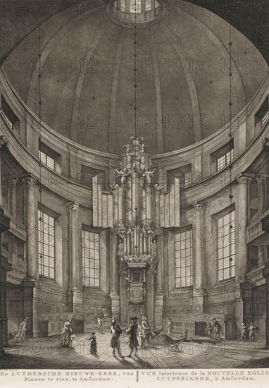 The Lutheran New Church, Viewed from the Inside, in Amsterdam, Interior View of the New Lutheran Church in Amsterdam, print, Interior of the Round Lutheran Church, also known as the New Lutheran Church or the Dome Church, on the Singel in Amsterdam. To the right of the center, a grave is being dug. Various figures in the church. Below the image, the title in Dutch and French. Numbered in the upper right: 61*., printmaker: Hermanus Petrus Schouten (possibly), Amsterdam, publisher: Pierre Fouquet, c. 1770 - 1783, paper, etching, engraving, height 378 mm x width 290 mm, This print was also used in the so-called Atlas of Fouquet.* From 1760 onwards, Pierre Fouquet published cityscapes of Amsterdam – based on drawings by various artists, made by various printmakers. These prints were initially sold individually or in series. As was customary at the time, the buyer could have the prints bound themselves. To this end, between 1778 and 1783, Fouquet published a title page, map, and table of co...