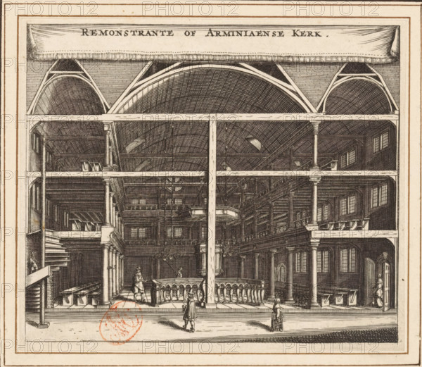 Interior of the Remonstrant (Arminian) Church in Amsterdam, Remonstrant or Arminian Church, print, book illustration, Interior of the Remonstrant or Arminian Church on the Keizersgracht in Amsterdam. Above a banner with the title., printmaker: attributed to Jan Veenhuysen, Amsterdam, publisher: Marcus Willemsz. Doornick (possibly), 1664, Attributed to, paper, engraving, height 117 mm x width 136 mm, Current state of print also used in: Fockens, Melchior. Description of the widely renowned merchant city of Amsterdam, of its first principles since the year 1203. Old privileges, 1664. And in: Zesen, Philipp von. Description of the widely renowned merchant city of Amsterdam, 1664. Second known state (with addition of French title) also used in: Domselaer, Tobias and Isaac Commelin. Description of Amsterdam: its first origin from the house of the lords of Aemstel and Aemstellant (…). 6 volumes. Amsterdam: Marcus Willemsz van Doornick, 1665. Third known state (numbered 18 at the top right) a...