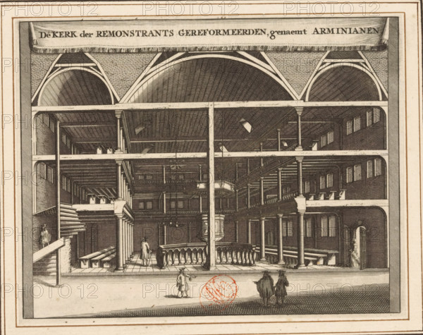 The Church of the Remonstrant Reformed, named Arminians, Interior of the Remonstrant (Arminian) Church in Amsterdam, print, book illustration, Interior of the Remonstrant or Arminian Church on the Keizersgracht in Amsterdam. Above a banner with the title., printmaker, paper, etching, engraving, height 123 mm x width 157 mm, Current state of print also used in: Commelin, Caspar. Description of Amsterdam, its first origin from the House (…). 2 volumes. Amsterdam: Abraham Wolfgang, Gillis Janssonius van Waesberge, Johannes Janssonius van Waesberge II, widow Dirk Boom I, Hendrick Boom and Rembertus Goethals, being an accurate treatise on its first origin from (…). 2 volumes. Amsterdam: widow Aart Dircksz Oossaan, being an accurate treatise on its first origin from (…). 2 volumes. 2nd edition. Amsterdam: Andries van Damme, Johannes Ratelband, widow A. van Aaltwyk and Hermanus Uytwerf, 1726., interior of church, Protestant Churches and denominations (with NAME), Amsterdam, Remonstrant Church...