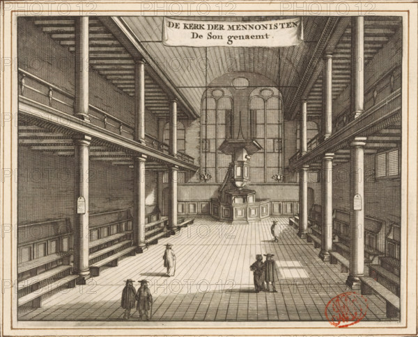Interior of the Mennonite Church De Zon in Amsterdam, The Mennonite Church named De Son, print, book illustration, Interior of the Mennonite Church De Zon, the admonition of a group of more conservative Flemings, on the Singel in Amsterdam. This group had split off in 1664 from the Flemings who met in the Mennonite Church Bij 't Lam, also located on the Singel. Above a banner with the title., printmaker, paper, etching, engraving, height 123 mm x width 154 mm, Current state of print also used in: Commelin, Caspar. Beschryvinge van Amsterdam, desselfs eerste oorspronk uyt den Huyse (…). 2 volumes. Amsterdam: Abraham Wolfgang, Gillis Janssonius van Waesberge, Johannes Janssonius van Waesberge II, widow Dirk Boom I, Hendrick Boom and Rembertus Goethals, 1693. And in: Commelin, zynde een naukeurige verhandelinge van desselfs eerste oorspronk uyt (…). 2 volumes. Amsterdam: widow Aart Dircksz Oossaan, 1694. Later state also used in: Commelin, zynde een naukeurige verhandelinge van desselfs e...