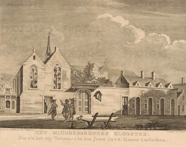The Franciscan Monastery, As it Appeared in the Year 1578 within Amsterdam, View of the Franciscan Monastery in Amsterdam after the looting during the Alteration in 1578, print, historical print, View of the Franciscan Monastery on the Oudezijds Achterburgwal in Amsterdam, as it looked after the looting during the Alteration on May 26, 1578. Three gentlemen stand in front of the building., printmaker: Caspar Jacobsz. Philips, Amsterdam, after design by Jacobus Versteegen, after drawing by Andries Schoemaker, c. 1752 - 1789, paper, etching, engraving, height 170 mm x width 222 mm, abbey, monastery, convent, Roman Catholic church, plundering of churchbuilding, Alteration of Amsterdam, Oudezijds Achterburgwal, Franciscan Monastery (Amsterdam), Period, 1578-05-26, A sepia-toned architectural scene shows a row of buildings with varied rooflines including gabled and tiled roofs, tall arched windows with mullions, and a central arched doorway set into a wall. A slender spire rises behind one ...