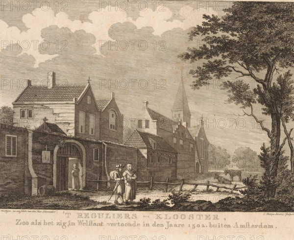 View of the Reguliers Monastery outside Amsterdam, The Reguliers Monastery, as it appeared in Welstant in the year 1502. outside Amsterdam, print, View of the Reguliers Monastery outside the city walls of Amsterdam (behind the Regulierspoort), in the situation around 1502., printmaker: Caspar Jacobsz. Philips, Amsterdam, after design by Jacobus Versteegen, after drawing by Andries Schoemaker, 1752 - 1789, paper, etching, engraving, height 168 mm x width 223 mm, monk(s), friar(s), abbey, monastery, convent, Roman Catholic church, Reguliersklooster, A sepia-toned etching shows a village scene with several gabled buildings and a church tower in the background, their tiled roofs and brick facades rendered with fine crosshatching; a tall tree with dense foliage rises on the right, its trunk and branches detailed with textured lines; in the foreground a low wall and wooden gate open to a yard where a standing figure is near the entrance and two figures walk together on a path, one wearing a ...