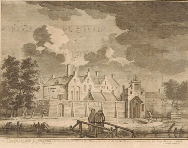 View of the Carthusian Monastery outside Amsterdam, The Carthusian Monastery, outside Amsterdam, As it appeared in good condition in the year 1496, print, View of the Carthusian Monastery outside the city walls of Amsterdam (behind the Haarlemmer or Carthusian Gate), in the situation around 1496., printmaker: Caspar Jacobsz. Philips, Amsterdam, after design by Jacobus Versteegen, after drawing by Andries Schoemaker, 1752 - 1789, paper, etching, engraving, height 161 mm x width 221 mm, monk(s), friar(s), abbey, monastery, convent, Roman Catholic church, Carthusian Monastery, A detailed sepia-toned engraving shows a large stone building complex with pitched roofs, chimneys, and small crosses atop some roof peaks, set behind a low wall and wooden fence. In the foreground two cloaked figures stand on a simple wooden footbridge over a narrow water channel, while a small barefoot figure walks along a path near an arched entrance to the complex. Tall trees flank the left side, and tufts of gr...