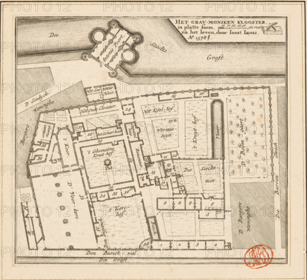The Grau-moniken Monastery, in plan form, Plan of the Franciscan Monastery in Amsterdam, 1578, print, book illustration, Plan of the Franciscan Monastery between the Oudezijds Achterburgwal and the Zeedijk, Kloveniersburgwal in Amsterdam. In the upper right a cartouche with the title and a scale bar: 60 Feet., after drawing by Joost Jansz. Bilhamer, publisher: Johannes van Septeren (I) (possibly), Amsterdam, 1729, printmaker, paper, etching, engraving, height 146 mm x width 161 mm, Print also used in: Long, 1729., abbey, monastery, convent, Roman Catholic church, city-gate, maps of cities, Kloveniersburgwal, Oudezijds Achterburgwal, Eerste Sint-Antoniespoort, Zeedijk, Minderbroedersklooster (Amsterdam), A detailed black and white architectural map showing a walled complex with courtyards, rectangular and irregular building footprints, garden plots with small tree symbols, and a long narrow water feature; surrounding areas include hatched shading indicating open spaces and waterways, a ...