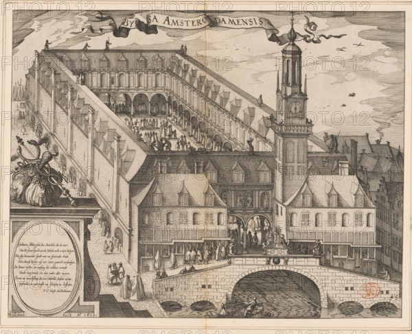 Byrsa Amsterodamensis, Bird's-eye view of the Stock Exchange of Hendrik de Keyser in Amsterdam, before 1668, print, book illustration, Bird's-eye view of the Stock Exchange of Hendrik de Keyser in Amsterdam. Around, in, and on the building many figures. Lower left a cartouche with an eight-line verse in Dutch. Above that a purse and a caduceus. Above and in the center a banner with the title. Lower right numbered: 45., printmaker: Claes Jansz. Visscher (II), Amsterdam, writer (clerical worker): Pieter Corneliszoon Hooft, publisher: Willem Janszoon Blaeu, publisher: Johannes Janssonius, 1613 - 1648, writer (clerical worker), paper, etching, engraving, height 253 mm x width 323 mm, This state of print was also first used in: Guicciardini, Lodovico. Beschryvinghe van alle de Neder-landen, 1613. Subsequently, this print was used until 1648 in later editions of this publication, published by Blaeu and then by Janssonius. It is not possible to determine exactly from which edition the current...