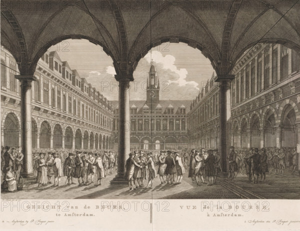 View of the Stock Exchange, in Amsterdam, Vue de la Bourse, à Amsterdam, View of the courtyard of the Hendrik de Keyser Stock Exchange in Amsterdam, print, with many figures in the square. Below the image, the title in Dutch and French. Numbered in the upper right: 16., printmaker: Hermanus Petrus Schouten (possibly), Amsterdam, publisher: Pierre Fouquet, c. 1770 - 1783, paper, etching, engraving, height 282 mm x width 388 mm, This print was also used in the so-called Atlas of Fouquet.* From 1760 onwards, Pierre Fouquet published cityscapes of Amsterdam – based on drawings by various artists, made by various printmakers. These prints were initially sold individually or in series. As was customary at the time, the buyer could have the prints bound themselves. To this end, between 1778 and 1783, Fouquet published a title page, map, and table of contents of the 100 prints published so far (1). Given that the content depended on what the buyer had collected, the content of the various surv...