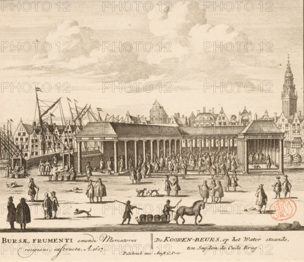 The Corn Exchange, standing on the water, to the south of the Old Bridge, Bursae, frumenti emendi Mercatores recipiens, exstructa, A. 1617, View of the Corn Exchange in Amsterdam, 100 Illustrations of the most important buildings of Amsterdam, print, Series number, 11, 100, View of the Corn Exchange on the Damrak in Amsterdam. In the galleries and the courtyard of the building and in front of it many figures. On the left the Old Bridge. In the background on the right the tower of the Old Church. Below the image the title in Latin and Dutch., printmaker, grantor of privilege, Barent Greve, paper, etching, engraving, height 165 mm x width 192 mm, Numbered state of print also used in: 100 Illustrations of the most important buildings of Amsterdam. Amsterdam, Pieter Schenk (I), sa. 1757-1766.* *In the second edition, published by Barent Greve, only the title page has been modified. The other illustrations have remained unchanged., parts of church exterior and annexes: tower, street (city(-...