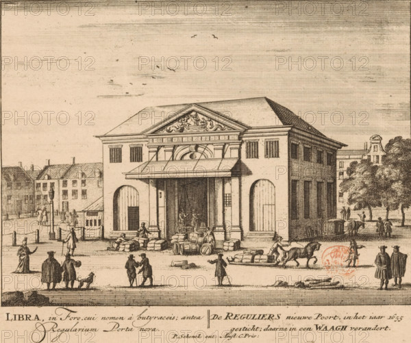 View of the Regulierswaag in Amsterdam, The Reguliers new Gate, founded in the year 1655, later changed into a Weigh House, Libra, in Foro, cui nomen à butyraceis, antea Regularium Porta nova, 100 Image of the most important buildings of Amsterdam, print, Series number, 92, 100, View of the Regulierswaag, also known as the Butter Weigh House or the Weigh House on the Butter Market, in Amsterdam. This weigh house stood on the Butter Market, the current Rembrandtplein, and was located in the former Third Reguliers Gate. Below the image, the title in Latin and Dutch., printmaker, grantor of privilege, Barent Greve, paper, etching, engraving, height 162 mm x width 192 mm, Numbered state of print also used in: 100 Illustratiee der principe bouwen van Amsterdam. Amsterdam, Pieter Schenk (I), sa 1757-1766.* *In the second edition, published by Barent Greve, only the title print has been modified. The other prints have remained unchanged., square, circus, etc. (city(-scape) with figures, staff...