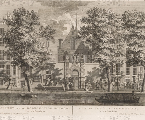View of the Illustrious School, in Amsterdam, View of the Athenaeum Illustre in Amsterdam, print, View of the Athenaeum Illustre, the predecessor of the University of Amsterdam, on the Oudezijds Voorburgwal in Amsterdam. This educational institution was founded in 1631 and housed in the Agnieten Chapel. On the street are a few walkers, a carriage and, in front of the gate of the Athenaeum Illustre, working carpenters. Below the image is the title in Dutch and French. Numbered in the upper right: 28., printmaker: Hermanus Petrus Schouten (possibly), Amsterdam, publisher: Pierre Fouquet, c. 1770 - 1783, paper, etching, engraving, height 268 mm x width 359 mm, This print was also used in the so-called Atlas of Fouquet.* From 1760 onwards, Pierre Fouquet published cityscapes of Amsterdam – based on drawings by various artists, made by various printmakers. These prints were initially sold individually or in series. As was customary at the time, the buyer could have the prints bound themselv...
