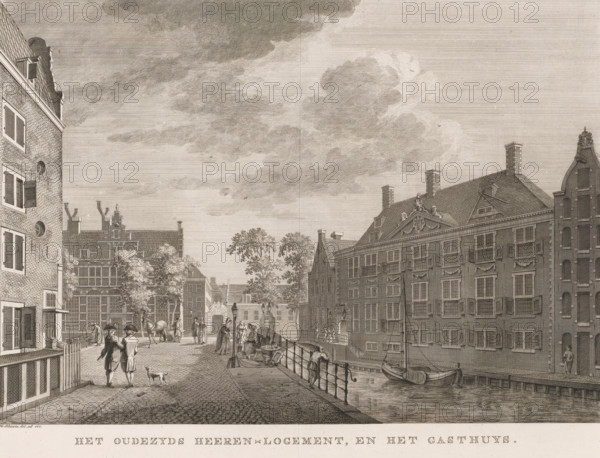 The Oudezijds Heeren-Logement, and the Gasthuys, View of the Oudezijds Heerenlogement in Amsterdam, print, View of the Oudezijds Heerenlogement on the Grimburgwal in Amsterdam. In the background the Binnengasthuis. Various figures on the street., printmaker: Hermanus Petrus Schouten (possibly), Amsterdam, publisher: Pierre Fouquet, c. 1770 - 1783, paper, etching, engraving, height 280 mm x width 369 mm, This print was also used in the so-called Atlas of Fouquet.* From 1760 onwards, Pierre Fouquet published cityscapes of Amsterdam – based on drawings by various artists, made by various printmakers. These prints were initially sold individually or in series. As was customary at the time, the buyer could have the prints bound themselves. To this end, between 1778 and 1783, Fouquet published a title page, map, and table of contents of the 100 prints published so far (1). Given that the content depended on what the buyer had collected, the content of the various surviving Fouquet atlases un...