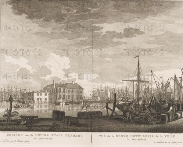 View of the Nieuwe Stadsherberg in Amsterdam, Vuë de la Neuve Hotellerie de la ville á Amsterdam, print, View of the Nieuwe Stadsherberg on the IJ (near the Martelaarsgracht) in Amsterdam, seen from the quay. Below the image, the title in Dutch and French. Numbered in the upper right: 27., printmaker: Caspar Jacobsz. Philips, Amsterdam, after drawing by Jan de Vlaming, publisher: Pierre Fouquet, 1768 - 1783, paper, etching, engraving, height 285 mm x width 374 mm, A wide harbor scene rendered in monochrome with many sailing ships and masts clustered along the waterfront, a large multi-story building with a pitched roof and chimneys near the water, small rowboats and barges on calm water reflecting the surroundings, piles of coiled rope and stacked barrels and wooden crates on the dock in the foreground, a tall mast with a flag, a drawbridge or crane-like structure among the ships, figures in small boats and on the dock, distant quay structures and more vessels filling the background, a...