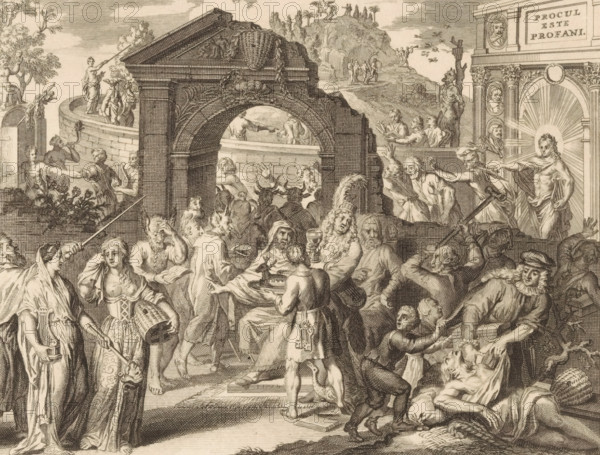 Cartoon of the Theatre Battle, ca. 1685, Caricature of the Poet Pluimer. Castellan of the Theatre, cartoon, print, Caricature of the mismanagement of Joan Pluimer and Govert Bidloo, who were regents of the Amsterdam Theatre from 1679 to 1681, and lessees from 1681 to 1687. In the center stands Pluimer with a feather on his head, a goblet of drink in his hand, and a lyre under his arm. In front of him is a servant with a pie in the shape of a deer. To his right is an old man raising a stick towards him. On the left in the foreground is a sorrowful personification of the Amsterdam Theatre with a beehive in her hand; to her left is the muse Melpomene. On the right in the foreground, a deceased man (possibly the co-tenant Pieter de la Croix, who died in 1687) is being stripped of his shroud by a man with a beret on his head and a money chest under his arm (probably Bidloo). The public wearing donkey ears walks through the dilapidated arch towards the theater but is chased away by Apollo. A...