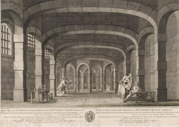 Scene from the opera The Deserter, The 9th Scene, from the second Part of the Opera of the Deserter, La IX Scène, du second Acte de l'Opera du Deserteur, print, Scene from the second part of the opera The Deserter. During the performance of this opera at the Amsterdam Theatre on the Keizersgracht on May 11, 1772, the fire broke out. Below the image is the dedication and title in Dutch and French, with the coat of arms of Gerrit Gerritsz. Hooft in the center., printmaker: Cornelis Bogerts, Amsterdam, after drawing by Pieter Barbiers (I), after painting by Rysschoot, publisher: Theodorus Crajenschot, dedicated by: Pieter Barbiers (I), dedicated to: Gerrit Gerritsz. Hooft, Cornelis Bogerts, Pieter Barbiers (I), Rysschoot, Theodorus Crajenschot, Gerrit Gerritsz. Hooft, printmaker, after drawing by, after painting by, publisher, paper, etching, engraving, height 307 mm x width 440 mm, Dedicated to Mayor Gerrit Gerritsz. Hooft, who died in November 1767. This opera, which was first performed...