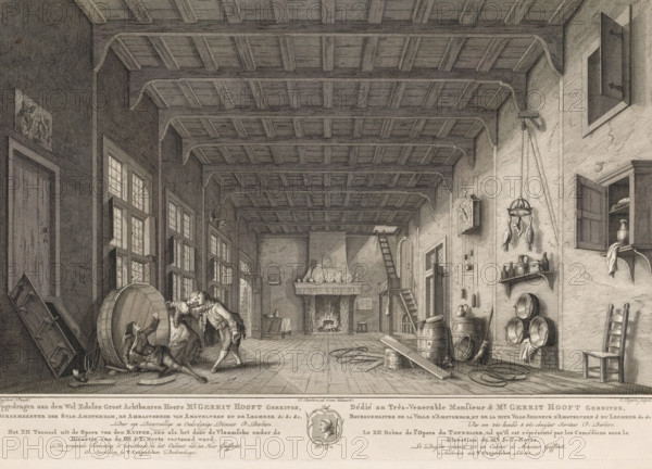 Scene from the opera De Kuiper, The XII Scene from the Opera of the Cooper (…), Le XII Scène de l'Opera du Tonnelier (…), print, Scene from the opera De Kuiper. Below the image the dedication and title in Dutch and French, with the coat of arms of Gerrit Gerritsz. Hooft in the center., printmaker: Cornelis Bogerts, Amsterdam, after drawing by Pieter Barbiers (I), after painting by Rysschoot, publisher: Theodorus Crajenschot, dedicated by: Pieter Barbiers (I), dedicated to: Gerrit Gerritsz. Hooft, 1768 - 1772, Cornelis Bogerts, Pieter Barbiers (I), Rysschoot, Theodorus Crajenschot, Gerrit Gerritsz. Hooft, printmaker, after drawing by, after painting by, publisher, paper, etching, engraving, height 308 mm x width 446 mm, Dedicated to Mayor Gerrit Gerritsz. Hooft, who died in November 1767. This opera, which was first performed elsewhere in French in 1768, did not, however, premiere in Amsterdam until 1768 under the direction of Jacques Toussaint Neyts. The only other Gerrit Hooft who ser...
