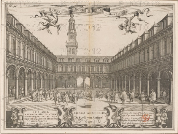 View of the courtyard of the Hendrik de Keyser Exchange in Amsterdam, Bursa Amsterod. The Exchange of Amsterdam, Byrsa Amsterodamensis, print, book illustration, View of the courtyard of the Hendrik de Keyser Exchange. On the square various figures, including merchants with turbans. Below a cartouche with the title in the center, on the left a six-line inscription and on the right a five-line verse in Latin. Above in the center a banner with a second title. Below that on the left a putto with a caduceus and valuables and on the right a putto with a money bag and a trident. Numbered top left: Fol. 270., printmaker, publisher, Amsterdam, Jodocus Hondius (II), paper, engraving, etching, height 239 mm x width 322 mm, Current state of print also used in: Pontanus, Johannes Isacius and Petrus Montanus. Historical descriptionhe der seer blames the famous coop-stadt Amsterdam (…). Amsterdam: Jocodus Hondius II, Johannes Isacius. Rerum et urbis Amstelodamensium Historia (…). Amsterdam: Jodocus ...