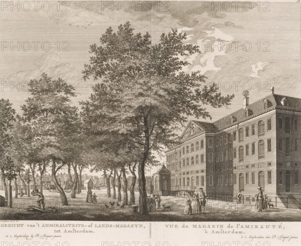 View of the National Naval Storehouse (Admiralty Storehouse) in Amsterdam, View of the Admiralty or National Storehouse in Amsterdam, View of the Admiralty Storehouse in Amsterdam, Atlas of Fouquet, print, Series number, 38, View of the National Naval Storehouse, also known as the Admiralty Storehouse, in Amsterdam. Seen from Kattenburgerplein. In the distance the Kattenburger Bridge. Various figures on the square. Below the image the title in Dutch and French. Numbered in the upper right: 38., Number of states known 2(3), printmaker: Hermanus Petrus Schouten (possibly), Amsterdam, publisher: Pierre Fouquet, c. 1770 - 1783, paper, etching, engraving, height 277 mm x width 367 mm, A detailed sepia-toned engraving shows a tree-lined square with tall leafy trees occupying the left and center, their trunks and branches rendered with fine lines and shading, and a multi-story classical building on the right featuring a pitched roof with dormer windows, decorative cornices, and a triangular p...
