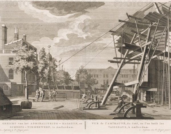 View of the Admiralty Magazine, and Shipyard, in Amsterdam, Vue de l'Amïrauté, du cotê, ou l'on batît les vaisseaux, à Amsterdam, View of the Admiralty Shipyard and National Naval Storehouse (Admiralty Storehouse) in Amsterdam, print, Series number, 38*, View of a part of the Admiralty Shipyard at Kattenburg in Amsterdam. In the foreground, a ship is being built. In the background, the National Naval Storehouse, also known as the Admiralty Storehouse. Below the image, the title in Dutch and French. Numbered in the upper right: 38*., printmaker: Hermanus Petrus Schouten (possibly), Amsterdam, publisher: Pierre Fouquet, c. 1770 - 1783, paper, etching, engraving, height 290 mm x width 387 mm, This print was also used in the so-called Atlas of Fouquet.* From 1760 onwards, Pierre Fouquet published cityscapes of Amsterdam – based on drawings by various artists, made by various printmakers. These prints were initially sold individually or in series. As was customary at the time, the buyer cou...