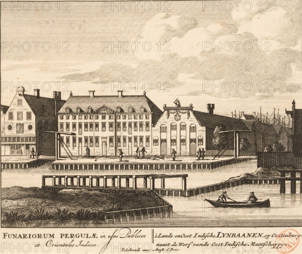 View of the ropewalks of the VOC and the Admiralty at Oostenburg in Amsterdam, Funariorum Pergulae in usus Publicos et Orientales Indicos, 's Lands- en Oost Indische Lynbaanen, op Oostenburg, naast de Werf vande Oost Indische Maatschappye, 100 Illustratiee der principe bouwen van Amsterdam, print, Series number, 56, 100, View of the ropewalks of the VOC (left) and the Admiralty (right) on the Oostenburgergracht at Oostenburg in Amsterdam. Below the image the title in Latin and Dutch., printmaker, grantor of privilege, Barent Greve, paper, etching, engraving, height 161 mm x width 191 mm, Numbered state of print also used in: 100 Illustratiee der principee bouwen van Amsterdam. Amsterdam, Pieter Schenk (I), sa 1710-1711. And in: 100 Illustrations of the most important buildings of Amsterdam. Amsterdam, sa. 1757-1766.* *In the second edition, published by Barent Greve, only the title page has been modified. The other prints have remained unchanged., ropery, rope-walk, canals, waters (in ...