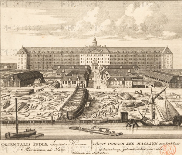 t Oost Indisch Zee Magazyn, aan het Ykant op Oostenburg, geboud in het iaar 1660, Orientalis Indiae Sociëtatis Horreum Maritimum, ad Yam, View of the East India Maritime Warehouse and the VOC shipyard at Oostenburg in Amsterdam, 100 Illustrations of the most important buildings of Amsterdam, print, Series number, 55, 100, View of the East India Maritime Warehouse and part of the VOC shipyard at Oostenburg in Amsterdam, seen from the IJ. Below the illustration the title in Latin and Dutch., printmaker, grantor of privilege, Barent Greve, paper, etching, engraving, height 162 mm x width 192 mm, Numbered state of print also used in: 100 Illustrations of the most important buildings of Amsterdam. Amsterdam, Pieter Schenk (I), sa. 1757-1766.* *In the second edition, published by Barent Greve, only the title page has been modified. The other prints have remained unchanged., shipyard, shipdock, large-scale structure for storage, eg: warehouse, depot, silo, trade-company, building a ship, ship...