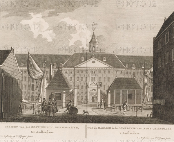 View of the East India Company's Maritime Magazine, in Amsterdam, View of the Magazine of the East India Company, View of the East India Company's Maritime Magazine in Amsterdam, print, View of the East India Company's Maritime Magazine at Oostenburg in Amsterdam. A number of figures on the street. Below the image, the title in Dutch and French. Numbered in the upper right: 39., printmaker: Hermanus Petrus Schouten (possibly), Amsterdam, after drawing by Hermanus Petrus Schouten, publisher: Pierre Fouquet, c. 1770 - 1783, Hermanus Petrus Schouten, Pierre Fouquet, printmaker, after drawing by, publisher, paper, etching, engraving, height 274 mm x width 350 mm, This print was also used in the so-called Atlas of Fouquet.* From 1760 onwards, Pierre Fouquet published cityscapes of Amsterdam – based on drawings by various artists, made by various printmakers. These prints were initially sold individually or in series. As was customary at the time, the buyer could have the prints bound themse...