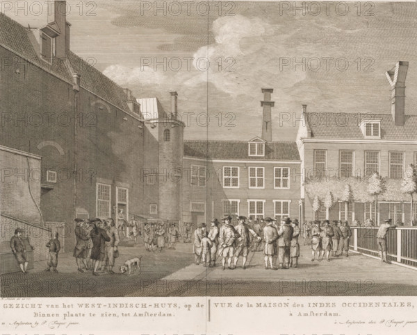 View of the West Indies House, seen in the courtyard, in Amsterdam, View of the West Indies House in Amsterdam, print, the headquarters of the WIC from 1674 to 1792, located in the former Voetboogdoelen on the Singel in Amsterdam. Various figures in the courtyard. Below the image, the title in Dutch and French. Numbered in the upper right: 37., printmaker: Hermanus Petrus Schouten (possibly), Amsterdam, publisher: Pierre Fouquet, c. 1770 - 1783, paper, etching, engraving, height 286 mm x width 374 mm, This print was also used in the so-called Atlas of Fouquet.* From 1760 onwards, Pierre Fouquet published cityscapes of Amsterdam – based on drawings by various artists, made by various printmakers. These prints were initially sold individually or in series. As was customary at the time, the buyer could have the prints bound themselves. To this end, between 1778 and 1783, Fouquet published a title page, map, and table of contents of the 100 prints published so far (1). Given that the conte...