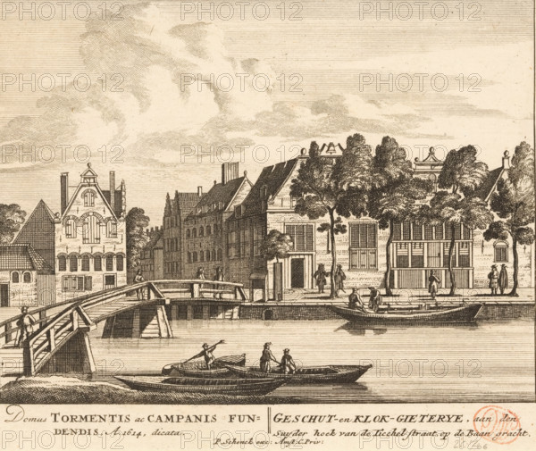 View of the City Cannon and Bell Foundry on the Lijnbaansgracht in Amsterdam, Cannon and Bell Foundry, at the south corner of Ticchel Street, on the Baangracht, Domus Tormentis ac Campanis Fundendis, A. 1614 dicata, 100 Illustrations of the most important buildings of Amsterdam, print, Series number, 66, 100, View of the City Cannon and Bell Foundry on Lijnbaansgracht, at the corner with Tichel Street, in Amsterdam. Seen from the west. Below the illustration the title in Latin and Dutch., printmaker, grantor of privilege, Barent Greve, paper, etching, engraving, height 163 mm x width 194 mm, Numbered state of print also used in: 100 Illustrations of the most important buildings of Amsterdam. Amsterdam, Pieter Schenk (I), sa. 1757-1766.* *In the second edition, published by Barent Greve, only the title page has been modified. The other prints have remained unchanged., factory-building, canals, waters (in city) (city(-scape) with figures, staffage), street (city(-scape) with figures, bel...