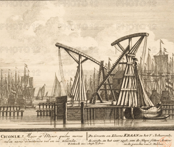 Ciconiae, Major et Minor, quibus merces vel in naves demittendae vel ex iis tollendae, The Great and Small Crane, in the IJ, belonging, the first, in the year 1498, to the Poor Housekeepers in the parish of St. Nicholas, View of the two harbor or ship cranes in the IJ in Amsterdam, 100 Illustration of the most important buildings of Amsterdam, print, Series number, 15, 100, View of the two harbor or ship cranes in the IJ (currently the Open Harbor Front), at the height of the Waalseilandsgracht, in Amsterdam. Below the image the title in Latin and Dutch. Numbering bottom right largely cut off 15., printmaker, grantor of privilege, Barent Greve, paper, etching, engraving, height 165 mm x width 192 mm, Current state of print also used in: 100 Illustratiee der principe bouwen van Amsterdam. Amsterdam, Pieter Schenk (I), sa 1757-1766.* *In the second edition, published by Barent Greve, only the title print has been modified. The other prints have remained unchanged., harbour, dock crane, A...