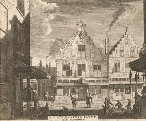 The Crate Makers' Building, in the Kalverstraat, View of the Crate Makers' Building in Amsterdam, print, book illustration, View of the Crate Makers' Building in the Kalverstraat in Amsterdam, seen from the Heiligeweg. To the left of the building is the Olieslagerssteeg. This former chapel of the St. George's Court was renovated in 1624 and subsequently leased to the St. Joseph's Guild for the benefit of the coffin makers and joiners. Page numbering in the upper right largely cut off Pag. 676., 1726, printmaker, paper, etching, engraving, height 148 mm x width 181 mm, Print also used in: Commelin, Caspar. Description of Amsterdam, being a careful treatise on its first origin from (…). 2 volumes. 2nd edition. Amsterdam: Andries van Damme, Johannes Ratelband, widow A. van Aaltwyk and Hermanus Uytwerf, 1726. Unlike most prints in this publication, this print does not appear in its current or earlier state in the 1693 and 1694 editions., street (city(-scape) with figures, staffage), guildh...