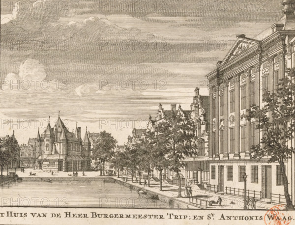 The House of Mayor Trip, and St. Anthony's Weigh House, View of the Kloveniersburgwal with the Trippenhuis and the Weigh House on the Nieuwmarkt, print, book illustration, View of the Kloveniersburgwal, seen towards the Nieuwmarkt (St. Anthony's Market). On the right in the foreground the Trippenhuis, on the left in the background the Weigh House on the Nieuwmarkt, also known as the St. Anthony's Weigh House., printmaker, Nicolaas ten Hoorn, Ratelband & Co, heirs of J., Pieter Meyer, paper, etching, engraving, height 132 mm x width 173 mm, Print also used in: Hoorn, Nicolaas ten. Guide through Amsterdam, Being a concise treatise on its first rise, enlargements, and present state (…). Amsterdam: Nicolaas ten Hoorn, 1713. And in: Hoorn, Nicolaas ten. Wegwyzer door Amsterdam, 1726. And in: Hoorn, Nicolaas ten. Wegwyzer, or short description of the City of Amsterdam, and present state (…). Amsterdam: heirs of J. Ratelband & Co, 1737. And in: Hoorn, Nicolaas ten. Wegwyzer or short descripti...