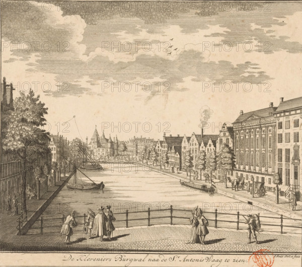 View of the Kloveniersburgwal with the Trippenhuis and the Waag on the Nieuwmarkt, The Kleveniers Burgwal seen towards the St. Antonis Waag, print, View of the Kloveniersburgwal, seen towards the Nieuwmarkt (Sint-Antoniesmarkt) from the Bushuissluis. The second house from the right is the Trippenhuis. In the background, to the left of the center, the Waag on the Nieuwmarkt, also known as the Sint-Antonieswaag, and a kite., printmaker: Jan Smit (I), Amsterdam, c. 1700 - 1748, paper, etching, engraving, height 172 mm x width 194 mm, Second (or later) state of similar prints by Jan Smit also used in: Le guide, ou nouvelle description d'Amsterdam, enseignant aux voyageurs, et aux negocians (…) Avec une description de sa belle Maison de Ville (…). Amsterdam: Covens & Mortier & Covens Jr., 1772., urban housing, (flying a) kite, canals, waters (in city) (city(-scape) with figures, staffage), street (city(-scape) with figures, weigh-house, bridge in city across river, canal, etc. (city(-scape)...