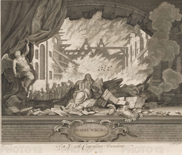 Allegory on the fire of the theatre on the Keizersgracht in Amsterdam, 1772, Theatre, Title print for print series: The fire in the Amsterdam Theatre, print, title print, Title print for the series of four prints about the fire in the Amsterdam Theatre on the Keizersgracht on May 11, 1772. Father Time pulls aside the curtain of the ruined stage to reveal the burning theatre. Amidst the ruins sits the sorrowful personification of the Amsterdam Theatre with the coat of arms of the city and a burnt beehive, from which the bees have escaped, in her hands. Below the scene, a cartouche with the title and the famous verse by Vondel ('The world is a stage: everyone plays his role and gets his share'). To the left and right of this, a six-line verse in Dutch (left) and French (right)., check stamp: 'Archief Ministerie van Oorlog Afdeeling Genie', printmaker: Cornelis Bogerts, Amsterdam, after drawing by J. Wz. Crajenschot, publisher: Theodorus Crajenschot, publisher: Jacobus Adrianus Crajenscho...