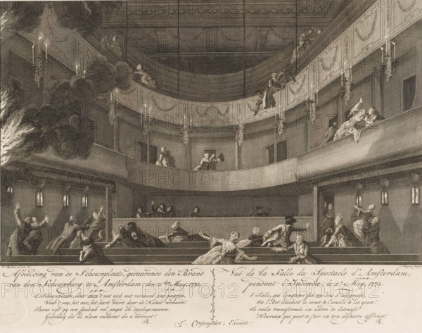 Hall of the theatre on the Keizersgracht in Amsterdam at the outbreak of the fire, 1772, Image of the Theatre Seat, during the Fire of the Theatre in Amsterdam, on May 11, View of the Hall of the Spectacle in Amsterdam, during the Fire, The fire in the Amsterdam Theatre, print, View of the hall of the Amsterdam Theatre during the outbreak of the fire on May 11, 1772. The fire started during the performance of the opera 'De Deserteur'. The audience is fleeing in panic. On the left, flames are raging into the hall. Below the image is the title and a four-line verse in Dutch (left) and French (right). Part of a series of four prints with title page about the fire in the Amsterdam Theatre., check stamp: 'Archive Ministry of War Department of Engineering', printmaker: Cornelis Bogerts, Amsterdam, after drawing by Pieter Barbiers (I), publisher: Theodorus Crajenschot, writer (clerical worker): Monogrammist R (18th-century writer), writer (clerical worker), paper, etching, engraving, height 2...