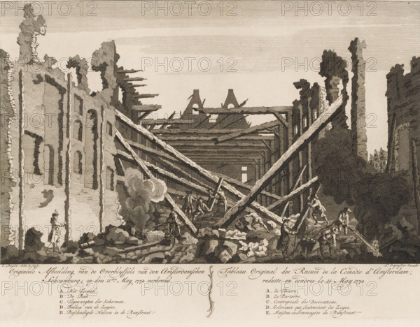 Original Image of the Remains of the Amsterdam Theatre, burned on May 11, 1772, Original Tableau of the Ruins of the Comedie d'Amsterdam, burned down on May 11, Ruin of the burned-down theatre on the Keizersgracht in Amsterdam, The fire in the Amsterdam Theatre, print, View of the ruins of the Amsterdam Theatre on the Keizersgracht after the fire of May 11, 1772. Firefighters extinguish the last pockets of fire with hoses, others clear rubble. Below the image, the title and legend AE in Dutch (left) and French (right). Part of a series of four prints with title page about the fire in the Amsterdam Theatre., check stamp: 'Archief Ministerie van Oorlog Afdeeling Genie', printmaker: Cornelis Bogerts, Amsterdam, after design by Cornelis Bogerts, publisher: Theodorus Crajenschot, Cornelis Bogerts, Theodorus Crajenschot, printmaker, publisher, paper, etching, engraving, height 264 mm x width 354 mm, A detailed monochrome engraving showing a large ruined interior with collapsed wooden beams f...