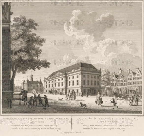 Image of the new Theatre in Amsterdam, View of the new Comedy Theatre in Amsterdam, View of the theatre at Leidseplein in Amsterdam, print, View of the Amsterdam Theatre on Leidseplein, inaugurated on September 15, 1774. Various figures and carriages on the square. The Leidsepoort is in the background on the left. This city theatre was built to replace the theatre on the Keizersgracht that burned down in 1772 and burned down itself in 1890. Below the image, the title and a two-line verse in Dutch (left) and French (right)., check stamp: 'Archief Ministerie van Oorlog Afdeeling Genie', printmaker: Cornelis Bogerts, Amsterdam, after drawing by Hendrik Keun, publisher: Theodorus Crajenschot, writer (clerical worker): Monogrammist R (18th-century writer), 1774, writer (clerical worker), paper, etching, engraving, height 311 mm x width 352 mm, An engraved street scene showing a large classical building with a triangular pediment and a tiled roof at center, flanked by rows of townhouses with...