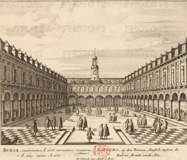 View of the courtyard of the Exchange of Hendrik de Keyser in Amsterdam, Bursa, extructa, A. 1608 mercatores recipiens, A. 1613, aucta, A. 1668, The Exchange, on the Binnen Amstel, between the Kalverstraat and the Nes, 100 Illustrations of the most important buildings of Amsterdam, print, Series number, 6, 100, View of the courtyard of the Exchange of Hendrik de Keyser, with various figures in the square. Below the illustration, the title in Latin and Dutch., printmaker, grantor of privilege, Barent Greve, paper, etching, engraving, height 162 mm x width 190 mm, Numbered state of print also used in: 100 Illustrations of the most important buildings of Amsterdam. Amsterdam, Pieter Schenk (I), sa. 1757-1766.* *In the second edition, published by Barent Greve, only the title page has been modified. The other prints have remained unchanged., courtyard, Exchange, Bourse, Amsterdam, Stock Exchange of Hendrik de Keyser, A wide courtyard view framed by two long colonnaded buildings with arched...