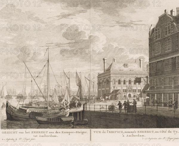 View of the Zeerecht building on the Kampersteiger in Amsterdam, View of the Zeerecht on the Kamper-Steiger. In Amsterdam, View of the building, named Zeerecht, next to the Ty. In Amsterdam, print, View of the Zeerecht building on the Kampersteiger, the current Prins Hendrikkade, in Amsterdam. Seen from the Nieuwe Brug. Various figures on the street. Many boats in the IJ. This building, constructed in 1618, was demolished in 1878. Below the image, the title in Dutch and French. Numbered in the upper right: 40., printmaker: Hermanus Petrus Schouten, Amsterdam, publisher: Pierre Fouquet, c. 1770 - 1783, paper, etching, engraving, height 273 mm x width 361 mm, A detailed waterfront scene rendered in fine line engraving shows a harbor filled with sailing vessels, masts, rigging, and furled sails clustered near wooden piers, with small rowboats and larger ships moored alongside; a quay with stairs and railings extends into the water. Along the shore stand multi-story brick buildings with ga...