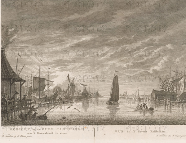 View by the Old Marina looking towards the Blaauwhooft, Vue du Y devant Amsterdam, View of the Old Marina in Amsterdam, print, View of the Old Marina on the IJ in Amsterdam, seen towards the Blauwhoofd. Below the image, the title in Dutch and French. Numbered in the upper right: 41., printmaker: Simon Fokke, Amsterdam, after design by, publisher: Pierre Fouquet, 1762 - 1783, paper, etching, engraving, height 282 mm x width 387 mm, A wide waterfront scene rendered in monochrome engraving style showing a harbor with multiple sailing vessels, a prominent sailboat near the center, smaller rowboats with people, and masts and rigging along the water; wooden piers and docks extend into the water with figures standing and working, and buildings with gabled roofs line the shoreline; windmills and a large water wheel appear near the right side, while detailed cloud formations and rays fill the sky above, and reflections of boats and structures are visible in the water.