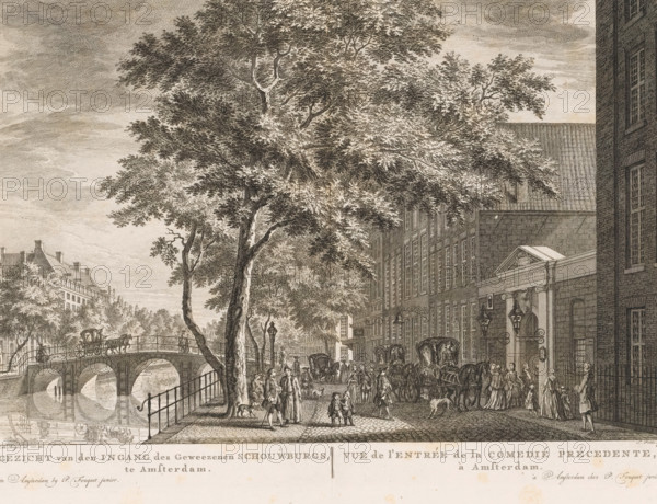 View of the entrance of the former Theatre in Amsterdam, View of the entrance of the previous Comedié, in Amsterdam, View of the gate of the theatre on the Keizersgracht in Amsterdam, print, View of the gate of the Amsterdam Theatre on the Keizersgracht, which burned down in 1772. This city theatre was designed by Jacob van Campen and was built on the site of Samuel Coster's Dutch Academy (at the location of the current Keizersgracht 384). It opened on December 26, 1637. In 1665, the building underwent extensive renovations, and in 1772, it burned down. In the background, the bridge between Huidenstraat and Runstraat. On the street, various figures and carriages. Below the image, the title in Dutch and French. Numbered top right: 30., printmaker: Simon Fokke, Amsterdam, after drawing by Jan de Beijer, publisher: Pierre Fouquet, 1760 - 1772, 1772 - 1783, Jan de Beijer, Pierre Fouquet, printmaker, after drawing by, publisher, paper, etching, engraving, height 281 mm x width 385 mm, A det...