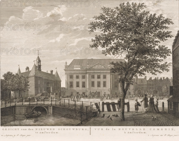 View of the theatre on Leidseplein in Amsterdam, View of the New Theatre, in Amsterdam, View of the Nouvelle Comedié, print, View of the Amsterdam Theatre on Leidseplein, inaugurated on September 15, 1774, seen from the Lijnbaansgracht. The Leidsepoort is on the left. This city theatre was built to replace the theatre on the Keizersgracht that burned down in 1772 and burned down itself in 1890. Below the image, the title in Dutch and French. Numbered at the top right: 31*., printmaker: Hermanus Petrus Schouten (possibly), Amsterdam, publisher: Pierre Fouquet, 1774 - 1783, paper, etching, engraving, height 283 mm x width 373 mm, This print was also used in the so-called Atlas of Fouquet.* From 1760 onwards, Pierre Fouquet published cityscapes of Amsterdam – based on drawings by various artists, made by various printmakers. These prints were initially sold individually or in series. As was customary at the time, the buyer could have the prints bound themselves. To this end, between 1778 ...
