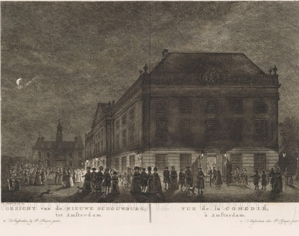 View of the New Theatre, in Amsterdam, Vue de la Comedié, à Amsterdam, View of the theatre on Leidseplein in Amsterdam at night, print, View of the Amsterdam Theatre on Leidseplein, inaugurated on September 15, 1774, at night. Many visitors surround the building. The Leidsepoort is in the background on the left. This city theatre was built to replace the theatre on the Keizersgracht that burned down in 1772 and burned down itself in 1890. Below the image, the title in Dutch and French. Numbered at the top right: 31., printmaker: Hermanus Petrus Schouten (possibly), Amsterdam, publisher: Pierre Fouquet, 1774 - 1783, paper, etching, engraving, height 266 mm x width 360 mm, This print was also used in the so-called Atlas of Fouquet.* From 1760 onwards, Pierre Fouquet published cityscapes of Amsterdam – based on drawings by various artists, made by various printmakers. These prints were initially sold individually or in series. As was customary at the time, the buyer could have the prints ...