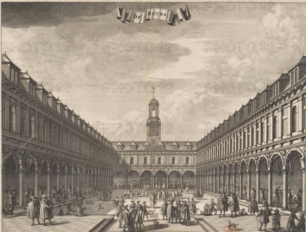 View of the courtyard of the Exchange by Hendrik de Keyser in Amsterdam, The Exchange, print, book illustration, View of the courtyard of the Exchange by Hendrik de Keyser, with many figures in the square. At the top center a banner with the title., printmaker, paper, etching, engraving, height 265 mm x width 345 mm, Current state of print also used in: Commelin, Caspar. Beschryvinge van Amsterdam, zynde een naukeurige verhandelinge van desselfs eerste oorspronk uyt (…). 2 volumes. 2nd edition. Amsterdam: Andries van Damme, Johannes Ratelband, widow A. van Aaltwyk and Hermanus Uytwerf, Caspar. Description of Amsterdam, its first origin from the House (…). 2 volumes. Amsterdam: Abraham Wolfgang, Gillis Janssonius van Waesberge, Johannes Janssonius van Waesberge II, widow Dirk Boom I, Hendrick Boom and Rembertus Goethals, being an accurate treatise on its first origin from (…). 2 volumes. Amsterdam: widow Aart Dircksz Oossaan, 1694., courtyard, Exchange, Bourse, Amsterdam, Stock Exchange...