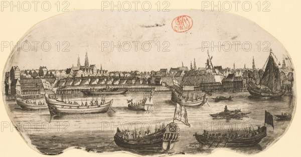 Boats with musketeers or soldiers in the Outer Amstel in front of Amsterdam, print, most likely around the time of the Attack on Amsterdam of 1650. In the background the Blauwbrug and the tower of the Zuiderkerk., in or after c. 1650, printmaker, paper, engraving, etching, height 117 mm x width 233 mm, A wide riverscape drawn in monochrome shows multiple boats of different sizes afloat on calm water, several with sails and flags and many with small figures aboard, some seated and some standing with oars. In the foreground a decorated prow with a patterned emblem faces the viewer, flanked by two long boats filled with rowers. Midground vessels include larger open boats with rows of people and a small rowboat with a single standing figure. The background features a low-lying town along the riverbank with tightly packed pitched-roof buildings, taller steeples and spires rising above the rooftops, a windmill with visible sails, and a long wooden bridge or quay extending along the shore. Th...