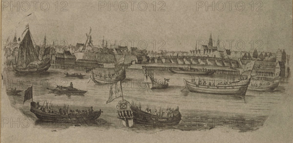 Boats with musketeers or soldiers in the Outer Amstel in front of Amsterdam, print, most likely around the time of the Attack on Amsterdam of 1650. In the background the Blauwbrug and the tower of the Zuiderkerk., in or after c. 1650, printmaker, paper, counterproof, counter-print of engraving and etching, height 120 mm x width 237 mm, the soldier, the soldier's life, prospect of city, town panorama, silhouette of city, ships (in general) - CC - more than one ship, Attack on Amsterdam (1650), Amsterdam, Amstel (river), Zuiderkerk (Amsterdam), Blauwbrug, A sepia-toned etching of a riverside scene showing multiple sailing and rowed boats on a calm body of water in the foreground, several of the boats displaying billowing flags and with small figures aboard holding oars or standing, one boat with a carved ornamental stern, and others with raised sails. Along the far bank a continuous line of low buildings and warehouses with pitched roofs and clustered chimneys stretches across the image,...