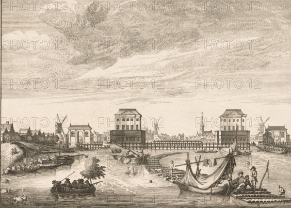 View of the two Blockhouses in the Amstel, 1651-1654, print, View of the two Blockhouses in the Amstel outside Amsterdam, built for the defense of the city after the failed assassination attempt by William II on Amsterdam on July 30, 1650. After being completed in 1651, they were already demolished in July 1654. Two gates to the left and right of the Blockhouses. Various boats are sailing on the water. A small tree stands in one of the boats and the mast is being lowered on another. Figures are swimming from a raft or jetty, and a figure is relieving himself in the foreground on the right. Between the two Blokhuizen in the background, the contours of the city with the windmill De Joffer and the Zuiderkerk., Hollstein Dutch 207-copy, printmaker: Jan Goeree, Amsterdam, after print by Pieter Nolpe, in or before 1723, Pieter Nolpe, after print by, paper, etching, engraving, height 142 mm x width 184 mm, Second known state of print, also used in: Willink, Daniël. Amsterdamsche Buitensingel ...