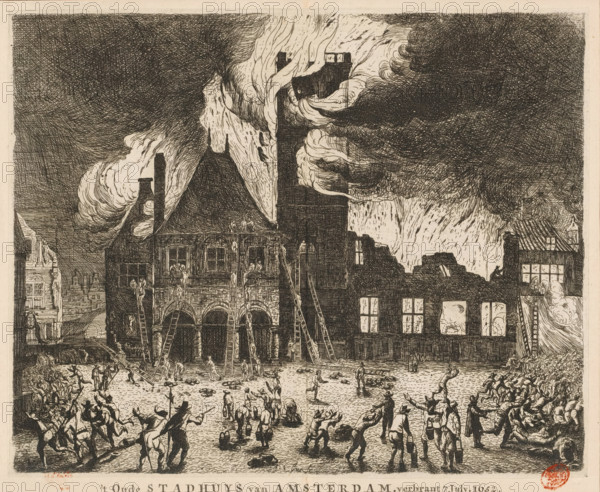 The fire in the Old City Hall of Amsterdam, 1652, Image of the old City Hall of Amsterdam burned on July 7, The Old City Hall of Amsterdam, burned July 7, print, The fire in the Old City Hall of Amsterdam and several adjacent buildings on July 7, 1652. Attempts are being made to extinguish the fire with buckets and ladders, large numbers of spectators on Dam Square. Accompanying the print is a text sheet with verses., inscription: ''t Oude Stadhuys van Amsterdam, verbrant July 7, 1652', printmaker: Jan de Baen, Northern Netherlands, Jan de Baen, printmaker, materials by function, paper, ink, etching, pen, etching with pen in grey, height 270 mm x width 334 mm, A densely detailed black and white etching shows a city scene with tall buildings, one of which has arched openings on its ground level and ladders leaning against its facade, while thick curling smoke and flames billow from rooftops and a tall tower; numerous small human figures occupy the foreground and street, many in active p...