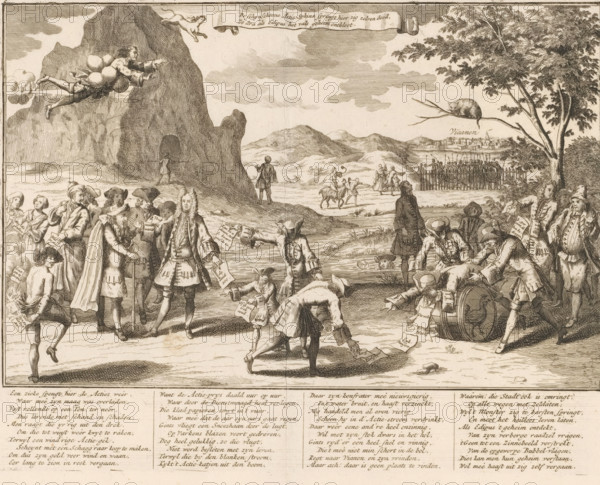 The Action Sphinx leaps from the mountain, 1720, The phantom-beautiful Action-Sphinx leaps herself to death here, as soon as Edipus exposes the false secret, The Great Tableau of Folly, cartoon, print, Landscape in which the Action Sphinx leaps from a mountain, a man is blown through the air with balloons and in the foreground various groups are engaged in the wind trade. In the distance Vianen. In the caption a verse in four columns. Print 43 in the series The Great Tableau of Folly with satirical prints on the Speculative Market or Stock Trading of 1720., printmaker, Northern Netherlands, paper, etching, engraving, height 262 mm x width 339 mm, showing the rise, progress and downfall of the Stock Trading, Bubble and Speculative Trade, committed in France, England and the Netherlands in the Year 1720 (…). Amsterdam: widow Joachim Ottens, 1720. Several editions of this publication have appeared., sphinx (lion, woman), 'Sphinx' (Ripa), financial panic, Speculative Market of 1720, Vianen...