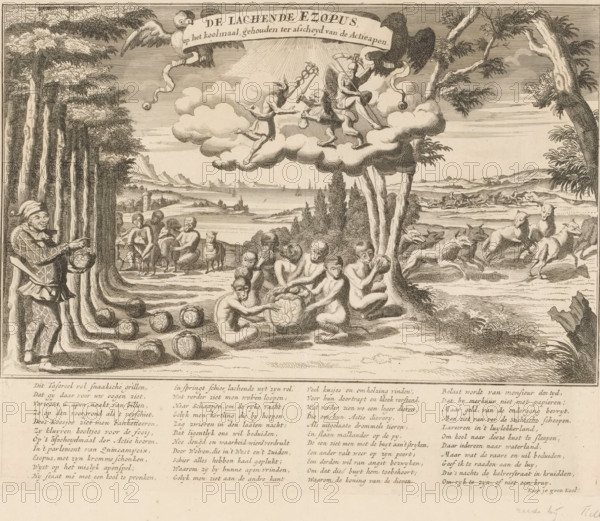 The laughing Aesop at the cabbage meal at the farewell of the Action Monkeys, 1720, The laughing Aesop, at the cabbage meal, held at the farewell of the Action Monkeys, The Great Tableau of Folly, cartoon, print, On the left stands the laughing Aesop, Bombario in a harlequin costume, by a group of monkeys eating cabbage (the victims of the wind trade). On the right, wolves hunt sheep. In the clouds Mercury, the Dutch Lion and Father Time. In the caption a verse in four columns. Print 48 in the series The Great Tableau of Folly with satirical prints on the Speculative Market or Stock Trading of 1720., printmaker, Northern Netherlands, paper, etching, engraving, height 292 mm x width 360 mm, showing the rise, progress and downfall of the Market, Bubble and Speculative Trade, committed in France, England and the Netherlands in the Year 1720 (…). Amsterdam: widow Joachim Ottens, 1720. Several editions of this publication have appeared., monkeys, apes, animals acting as human beings, Specul...